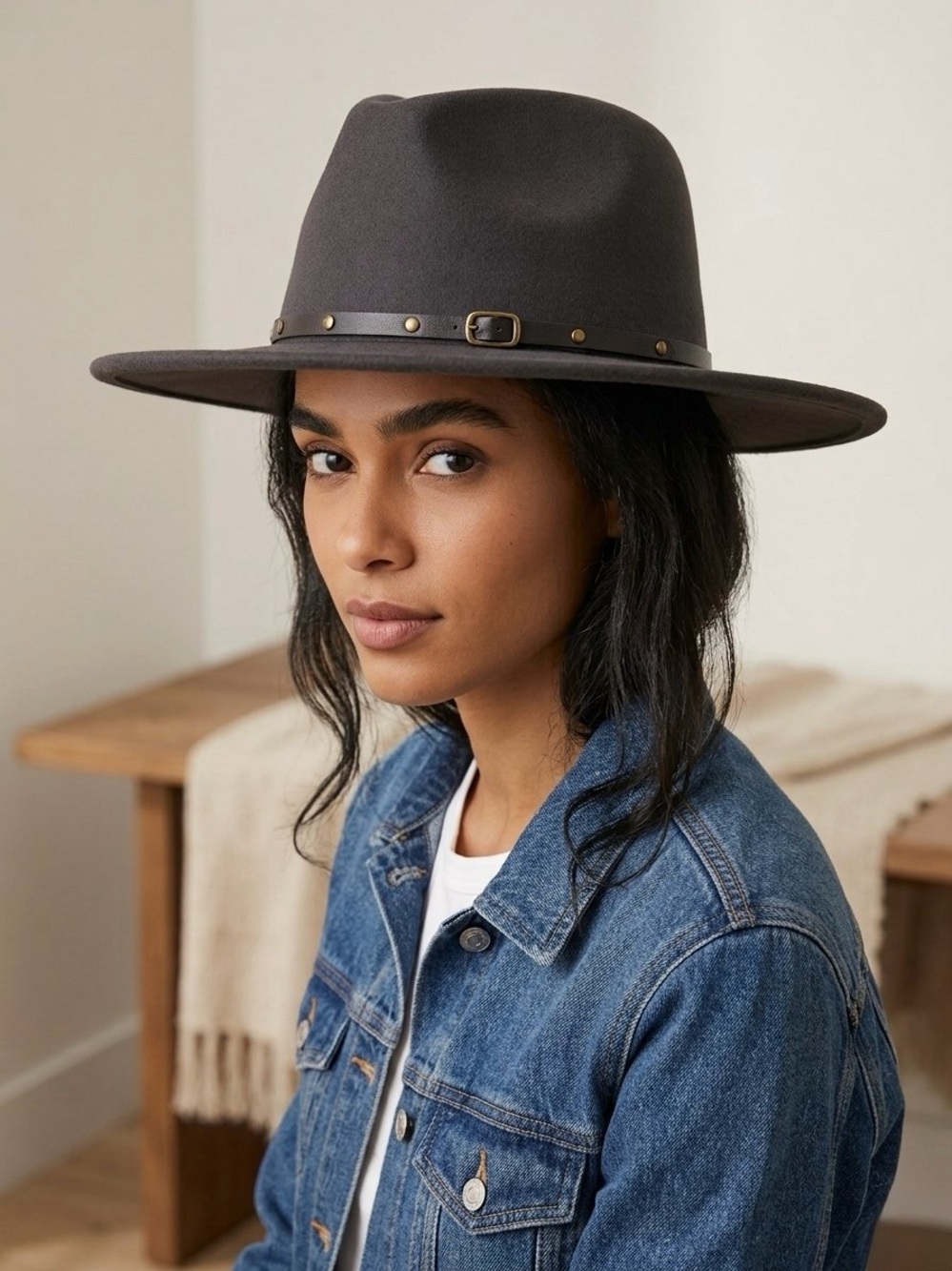 Grey Felt Fedora Teardrop Hat Flat Wide Brim Rancher Western Boho Cowboy O/S